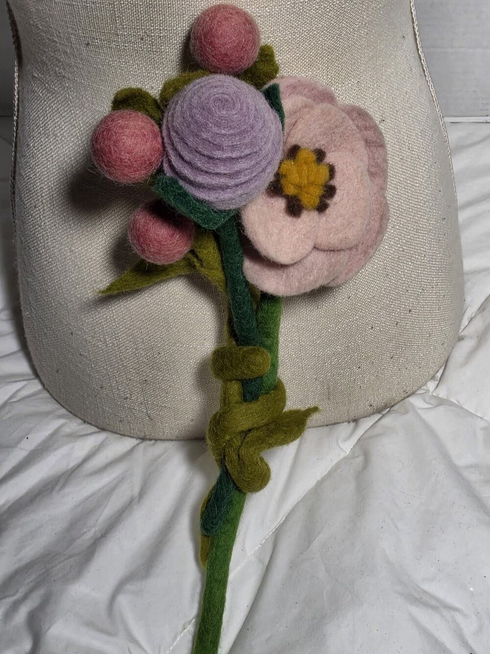 Felted Wool Flower Sculpture Wired Stem 19"H FIBER ART PINK/GREEN Bouquet Handma